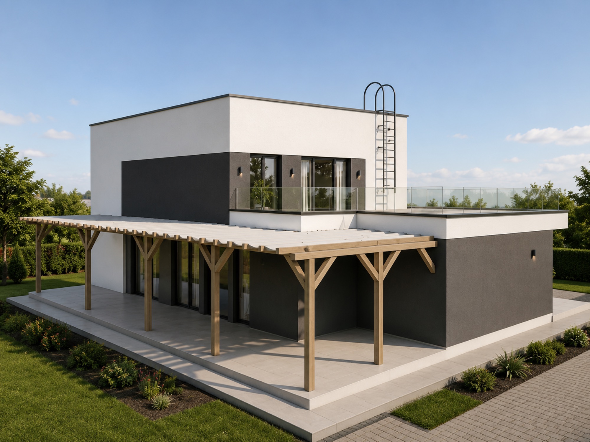 Vedere din grădină — pergolă din lemn, terasă cu balustradă de sticlă și acces pe acoperiș