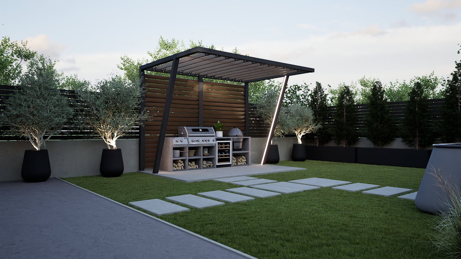 Pergola cu bucătărie de vară și BBQ, întreruptă de măslini în ghivece negre