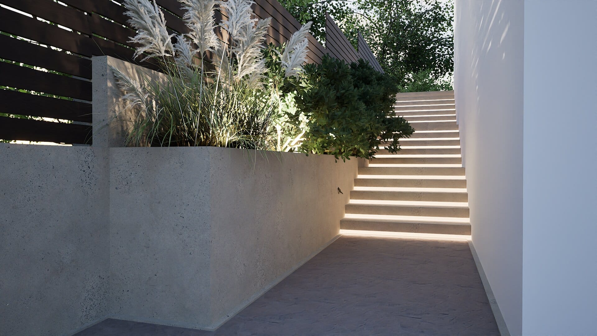 Scară iluminată și jardineră din beton cu iarbă de pampas