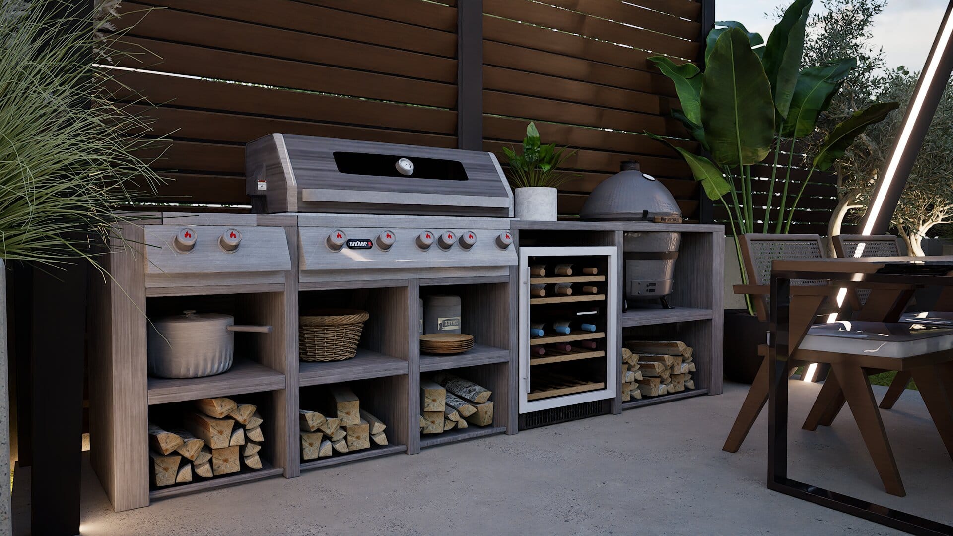 Bucătăria de vară — grill, cuptor kamado, frigider pentru vin și depozit pentru lemne